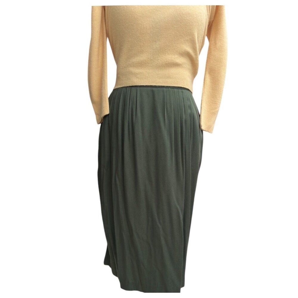 Vintage Christy Girl Midi Skirt with Pockets for Women Solid High Waist Pleated